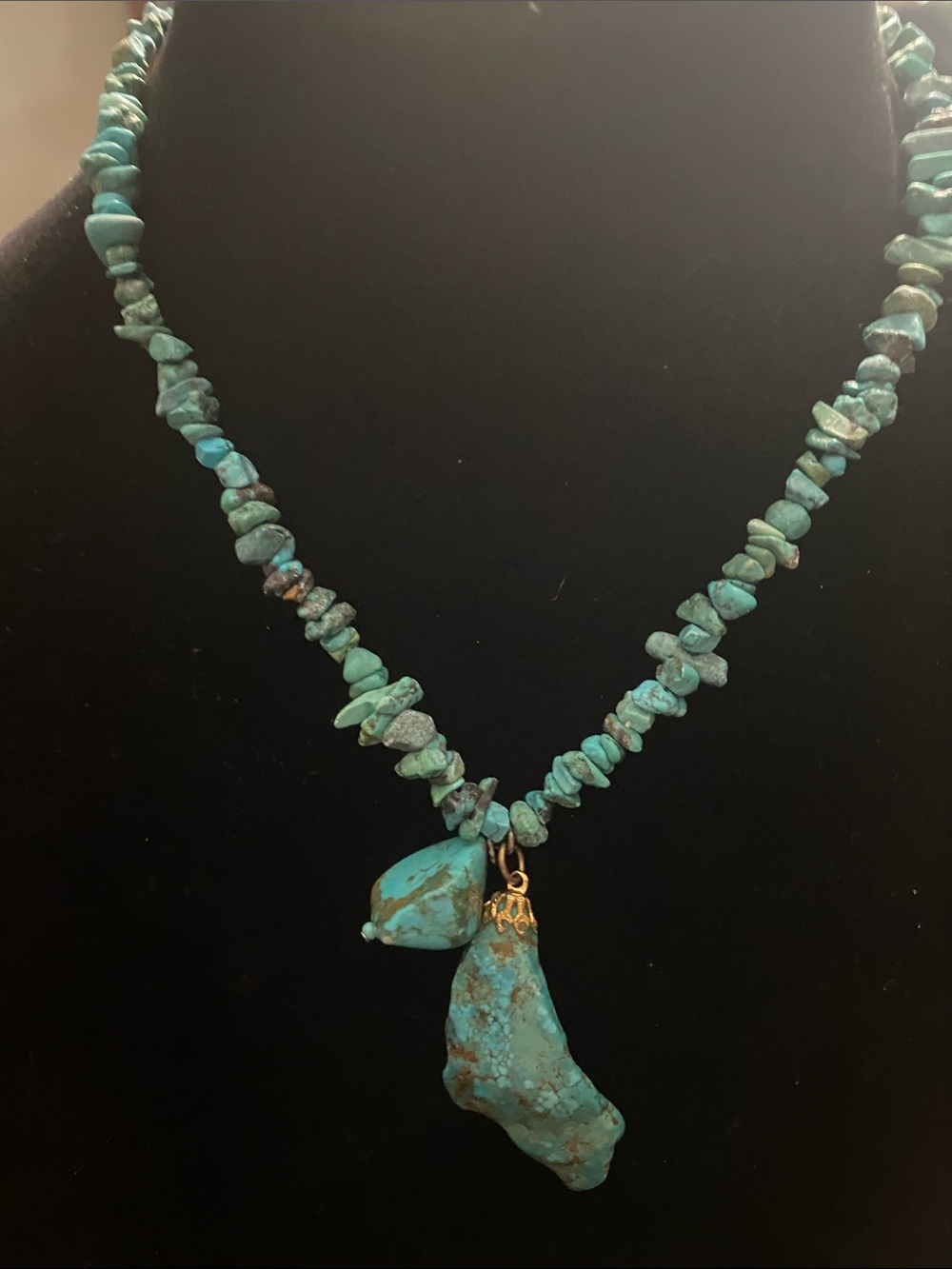 Turquoise Chip Necklace with Double Stone Pendant - Women Jewelry